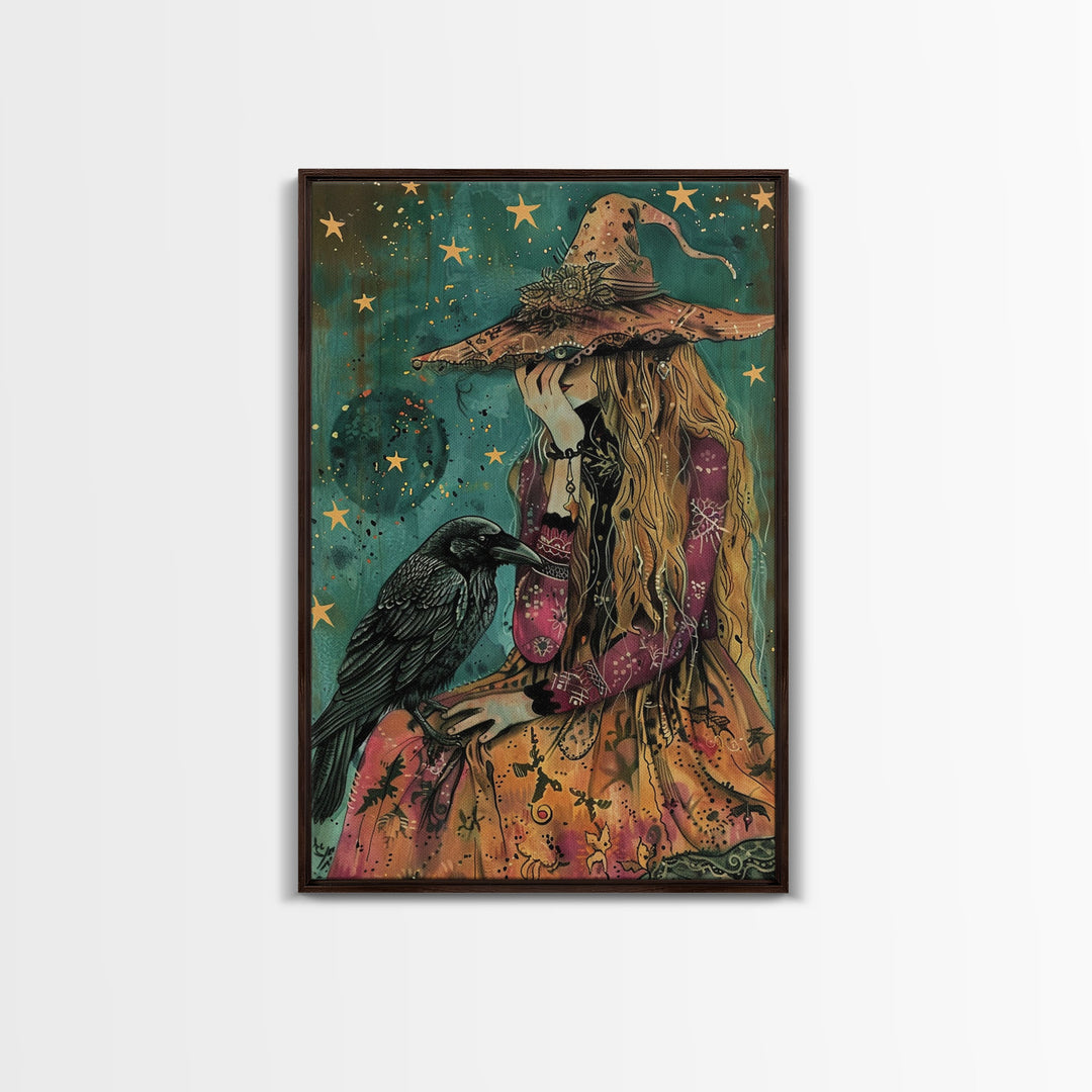 The Witch and her Sassy Raven Framed Canvas Print, Spooky Decor, Halloween Art, Halloween Props / Gift Idea, Spooky Decor, Home Decor