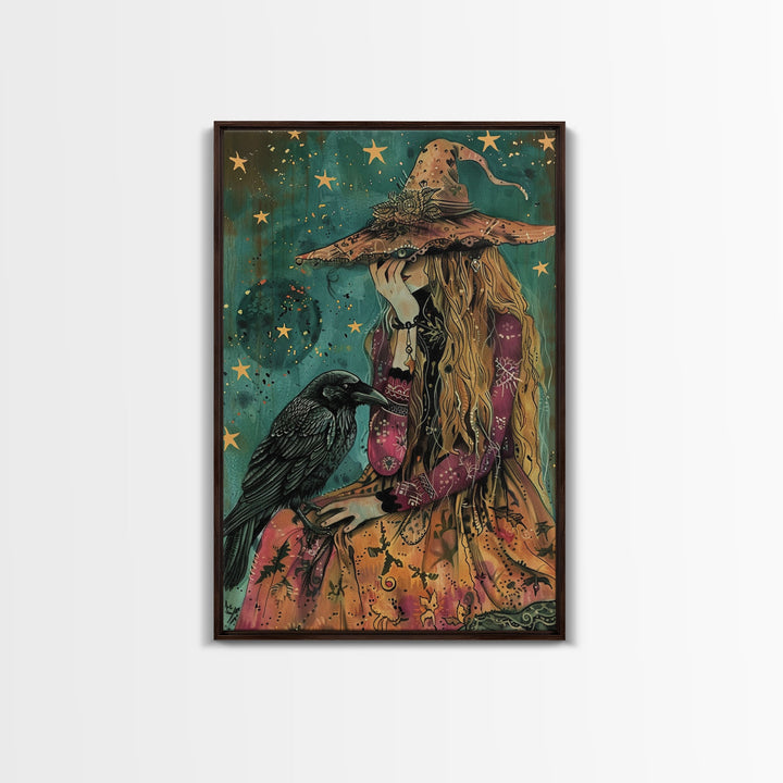 The Witch and her Sassy Raven Framed Canvas Print, Spooky Decor, Halloween Art, Halloween Props / Gift Idea, Spooky Decor, Home Decor