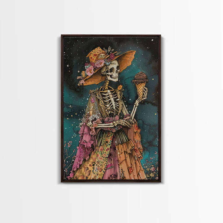 Skeleton in a Colorful Dress with Ice Cream - Day of the Dead Art - Halloween Skeleton Print Vibrant Skeleton Decor - Dia de los Muertos Art