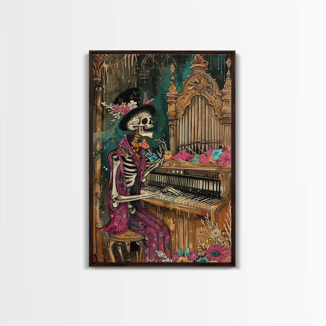 Skeleton Playing Organ in Gothic Church - Day of the Dead Skeleton Musician - Gothic Halloween Art - Skeleton Decor for Halloween