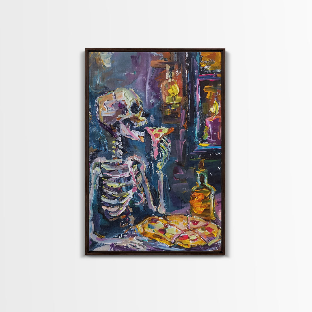 The Hungry Skeleton Chomps a Pizza, Funny Halloween Art, Framed Canvas, Halloween Poster