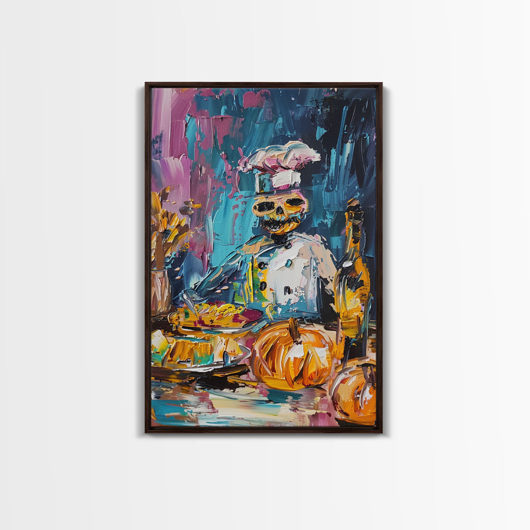 Skeleton Chef Cooking in a Colorful Kitchen - Halloween Skeleton Art - Fun Chef Skeleton Print - Spooky Cooking Skeleton Decor