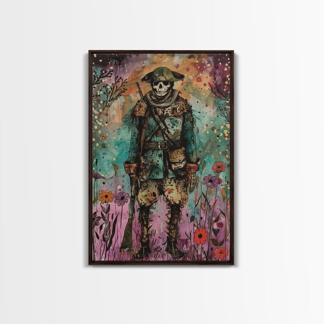 Skeleton Soldier Stands Amid Colorful Blooms, Blending Historical Charm and Spooky Halloween Style for Unique Wall Art