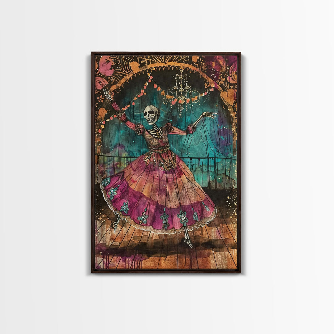 Skeleton Dancer in a Vibrant Dress Celebrates Halloween, Bringing Spooky Charm to Your Halloween Wall Art Collection