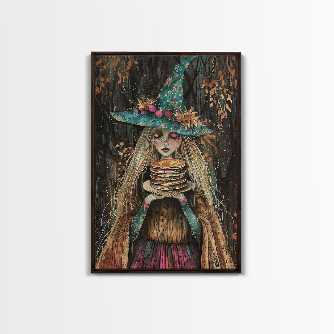 The Witch and Her Pancakes, Breakfast Witch, Framed Canvas Print, Funny Halloween Art