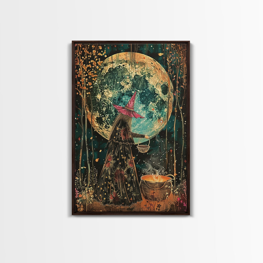 Witch Preparing Spell Under Full Moon Framed Canvas Print | Halloween Witch Art | Enchanted Witch Decor for Home | Halloween Artwork