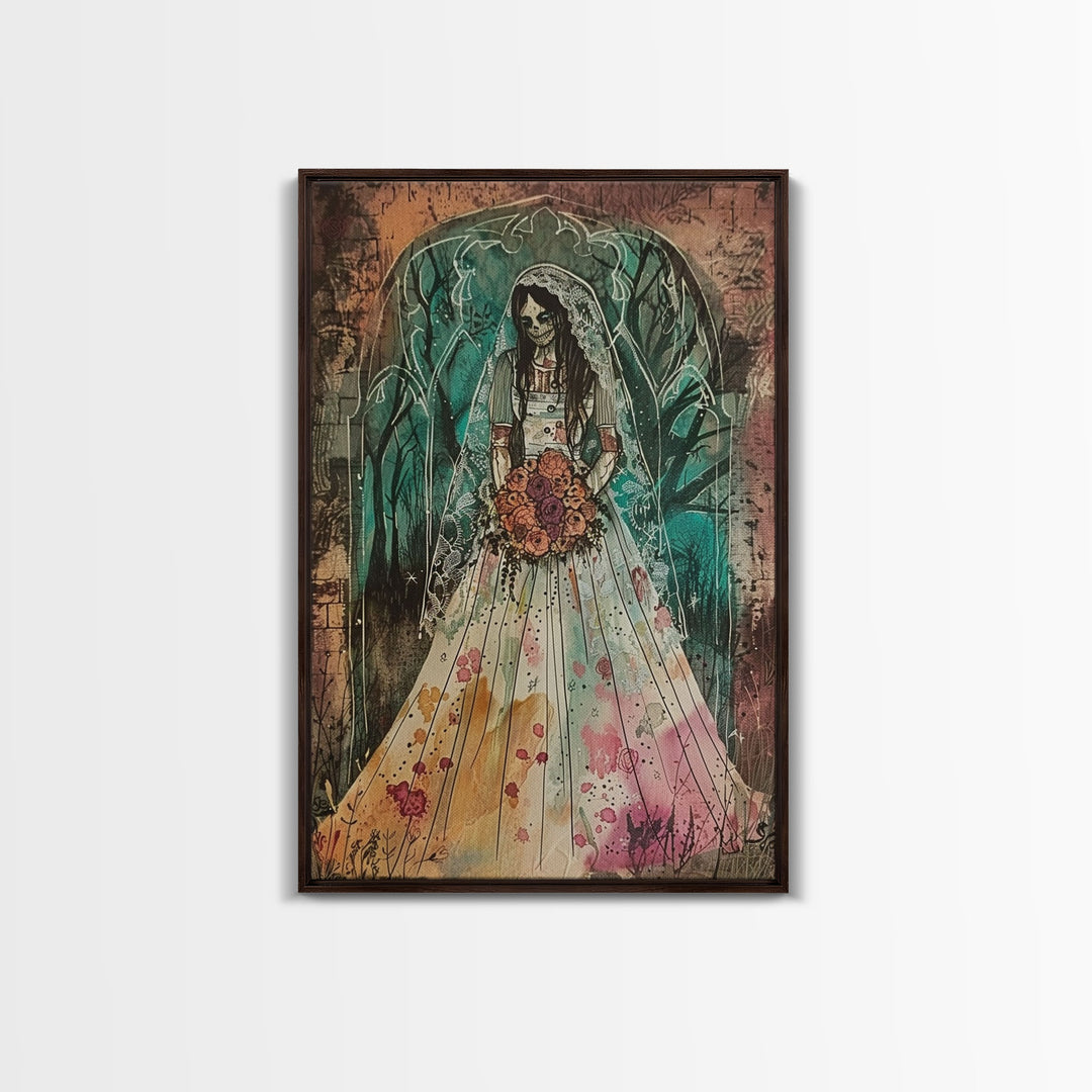 Skeleton Bride with Floral Bouquet Framed Canvas Print | Halloween Bride Art | Spooky Bride Decor for Home | Macabre Halloween Artwork