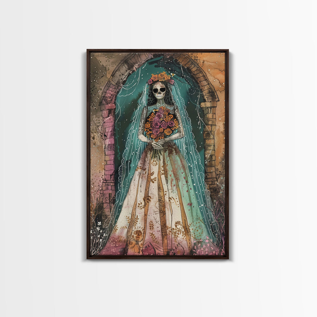 Skeleton Bride in Floral Arch Framed Canvas Print | Halloween Bride Art | Spooky Bride Decor for Home | Gothic Wedding Artwork