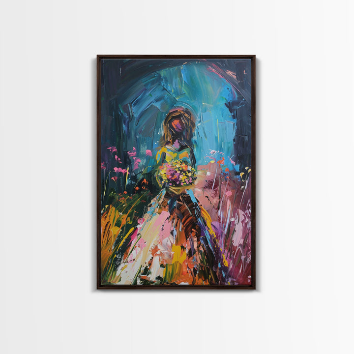 Vibrant Ghost Bride with Floral Bouquet Framed Canvas Print | Colorful Girl Art | Whimsical Girl Decor for Home | Playful Floral Artwork