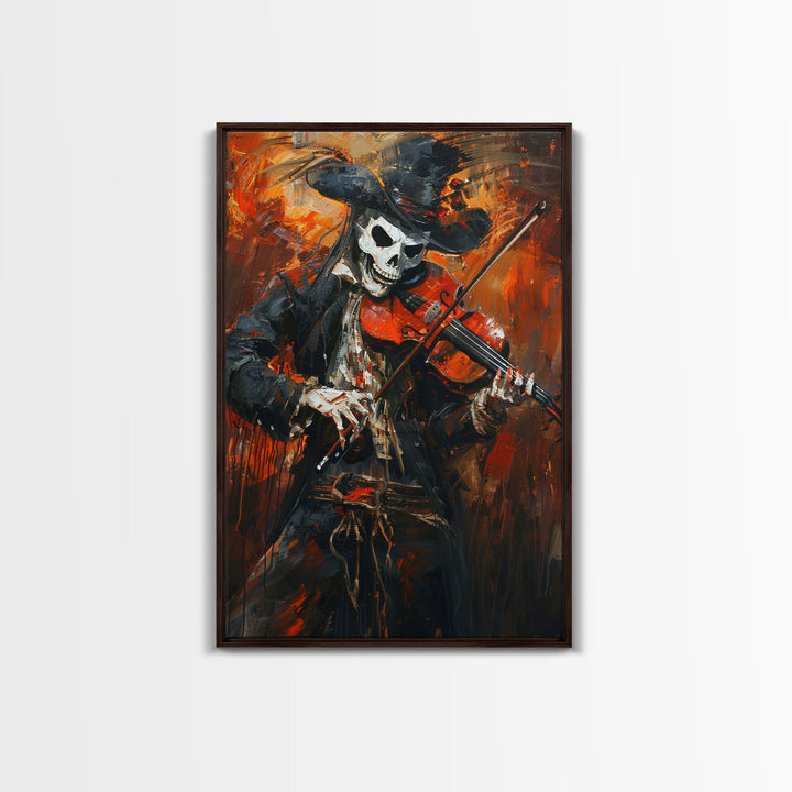 Skeleton Violinist Performing in Fiery Background | Halloween Wall Art | Spooky Home Decor Musician Skeleton Painting | Framed Canvas Print