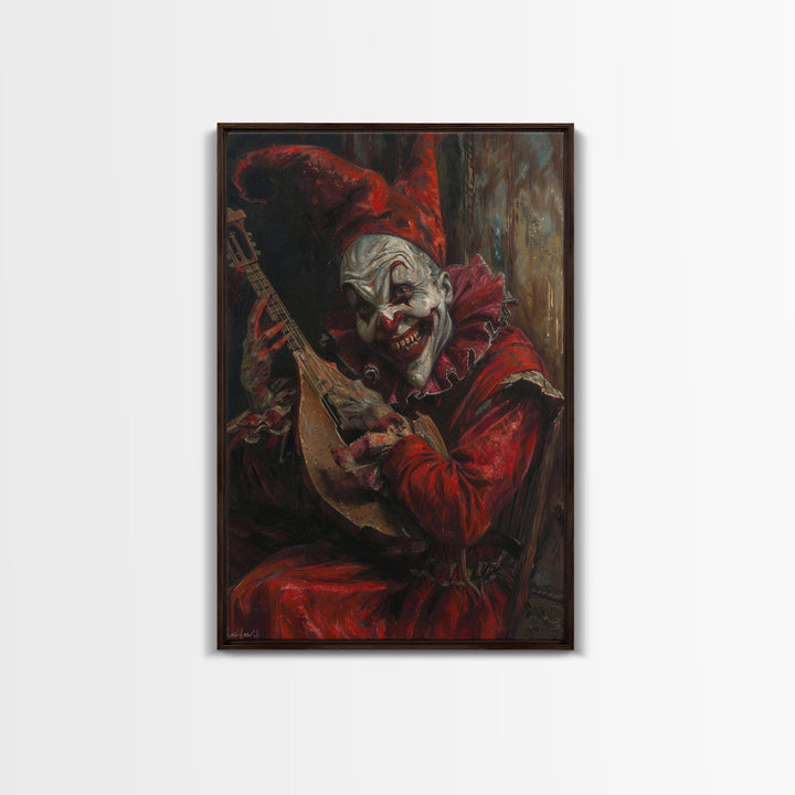 Sinister Clown with Blood-Stained Mandolin | Halloween Wall Art | Spooky Home Decor | Creepy Clown Mandolin Painting | Framed Canvas Print