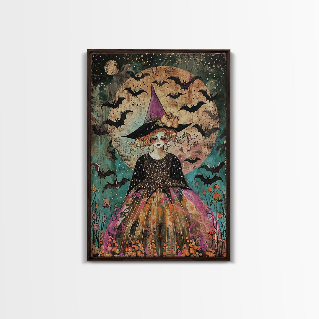 Whimsical Witch with Bats Under Full Moon, Framed Canvas Print, Spooky Halloween Art, Witch Decor, Magical Night, Enchanted Home Decor