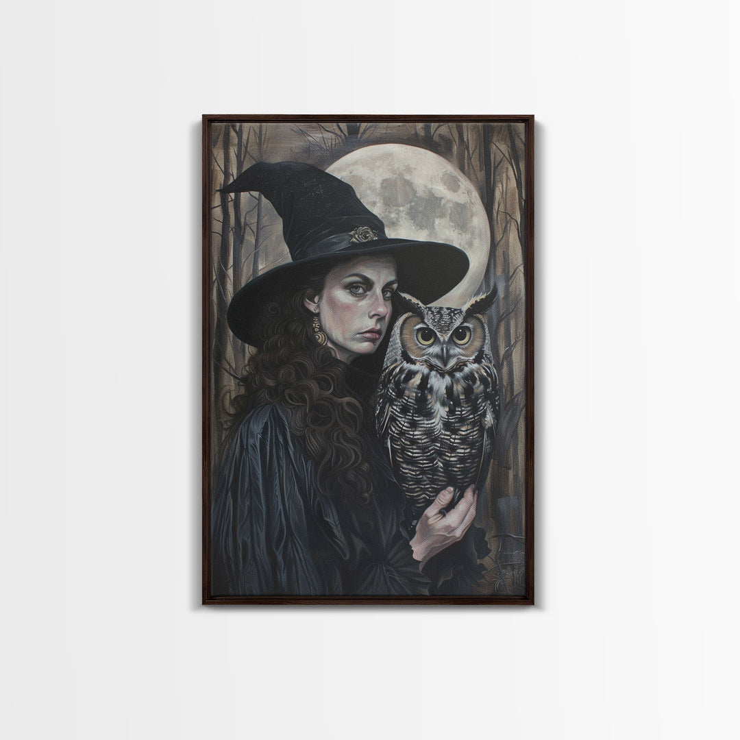 Witch with Wise Owl Under Full Moon, Framed Canvas Print, Mystical Witchcraft Art, Witch and Owl, Spooky Home Decor, Halloween Wall Art