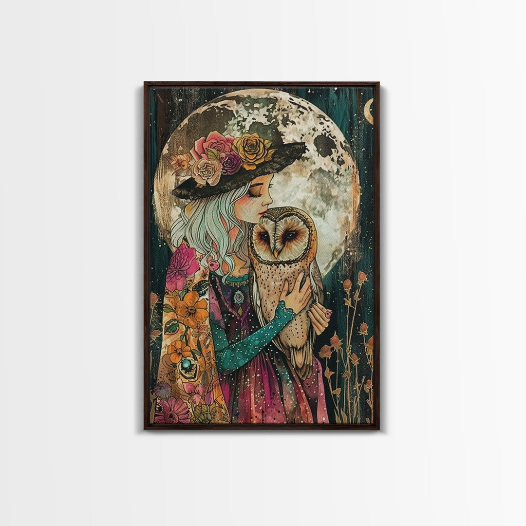 Witch Holding Owl Under Full Moon Glow - Enchanting Halloween Night Framed Canvas Print, Spooky Gothic Home Decor