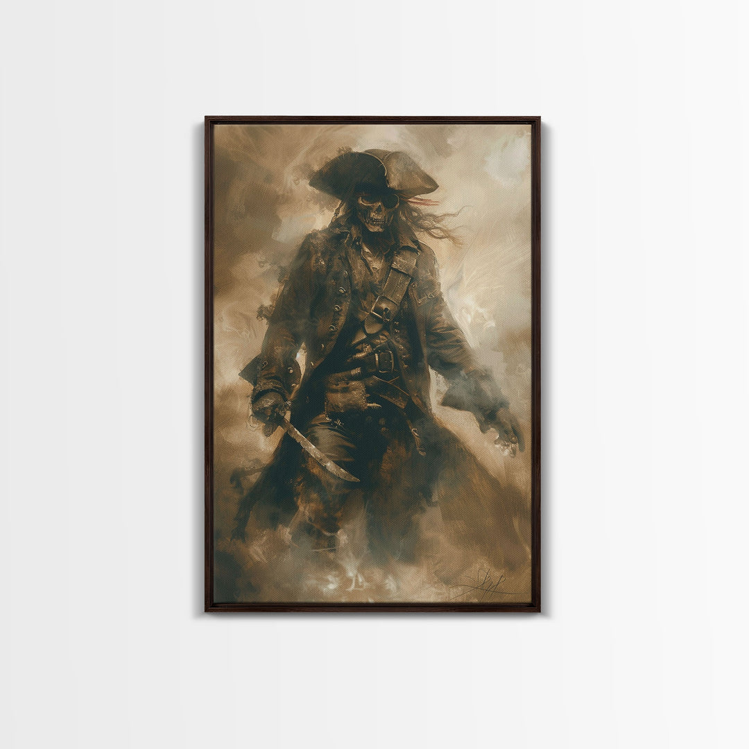 Skeleton Pirate Wielding Sword on Ghost Ship - Haunted Halloween Adventure Framed Canvas Print, Mysterious Gothic Wall Decor