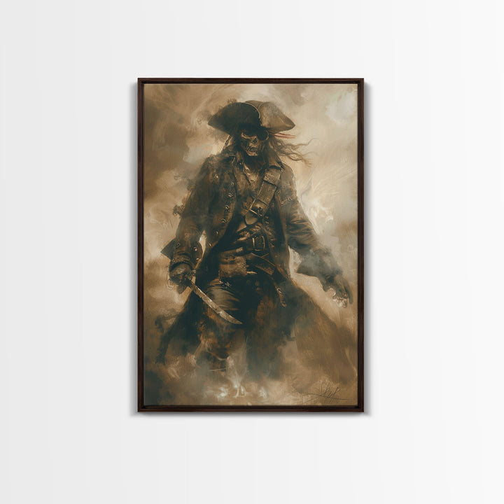 Skeleton Pirate Wielding Sword on Ghost Ship - Haunted Halloween Adventure Framed Canvas Print, Mysterious Gothic Wall Decor