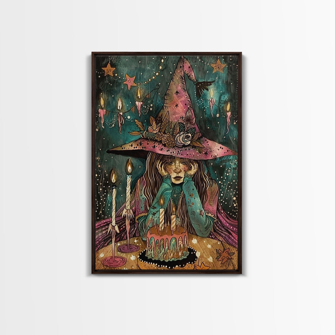 The Sad Birthday Witch, Witch With Birthday Cake Framed Canvas Print, Melancholy, Halloween Decor, Witchy Art, Cottagecore Colorful Art