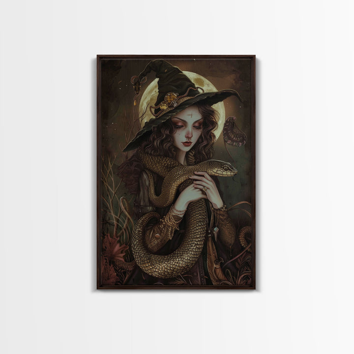 Witch Holding Snake under Full Moon - Dark Forest Sorcery Gothic Art Framed Canvas Print, Halloween Witchy Decor