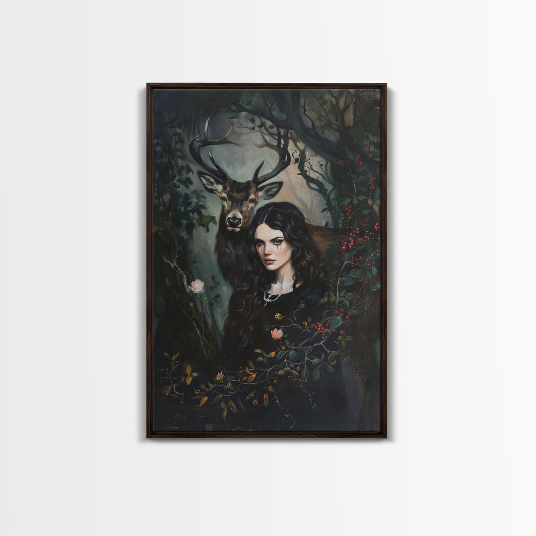 Woman with Deer in Enchanted Forest - Halloween Art, Gothic Art, Spooky Decor, Sinister Portrait, Haunted Forest, Framed Canvas Print