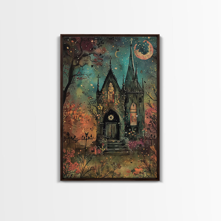 The Haunted Mausoleum, Framed Canvas Print, Spooky Season Halloween Decor, Halloween Props Wall Art, Gift For Halloween Lover