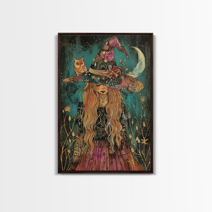 Witch with Black Cat and Moon - Halloween Art, Gothic Art, Spooky Decor, Dark Magic Art, Ominous Portrait, Moonlit Night Framed Canvas Print