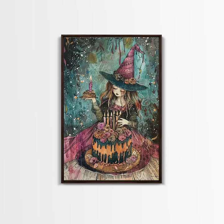 Witchy Birthday Party For One, Framed Canvas Print, Melancholy Witch Halloween Art