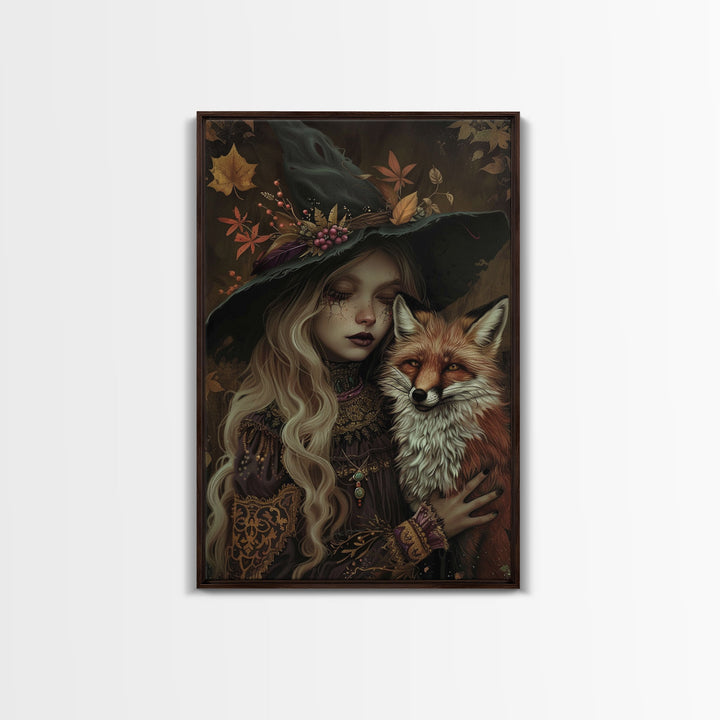 Spooky Halloween Witch Wall Art, Framed Canvas Prince, Halloween Decor, Halloween Gift, Spooky Season, Cottage Core Witch and Fox Familiar