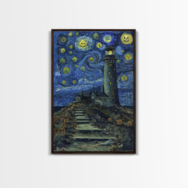 Starry Night Inspired Haunted Light House Framed Canvas Print, Van Gogh Inspired, Spooky Season Halloween Art