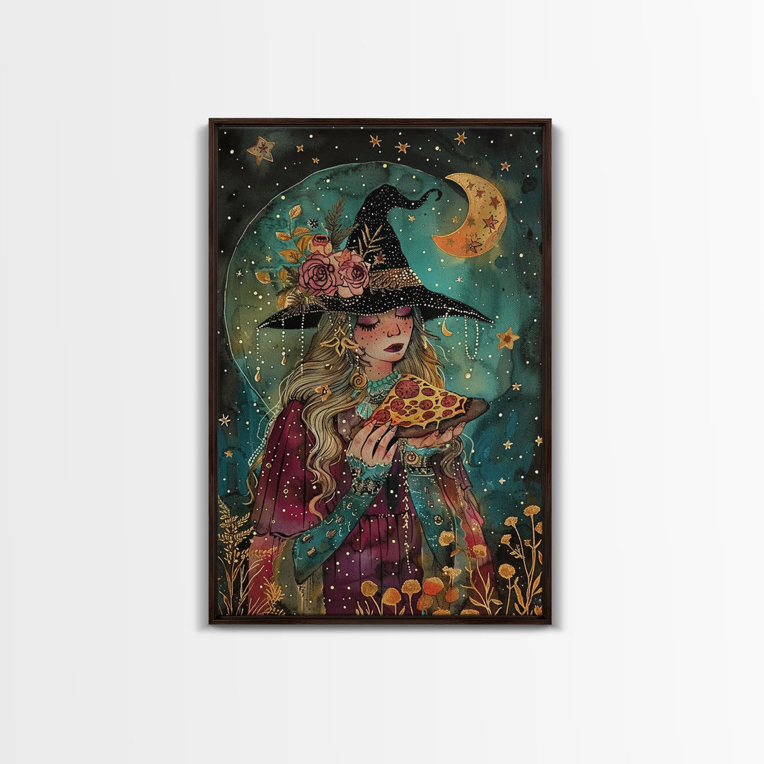 Summer Witch and Her Slice Of Pizza, Framed Canvas Print, Cute / Funny Halloween Art