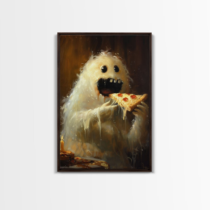 The Pizza Ghost, Framed Canvas Print, Funny Halloween Wall Art