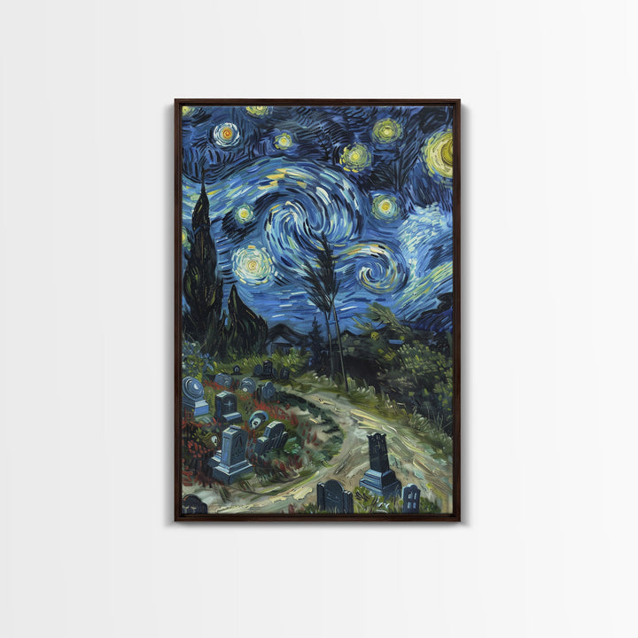 Starry Night Inspired Haunted Cemetary, Haunted Grave Yard, Spooky Season Wall Art, Halloween Decor