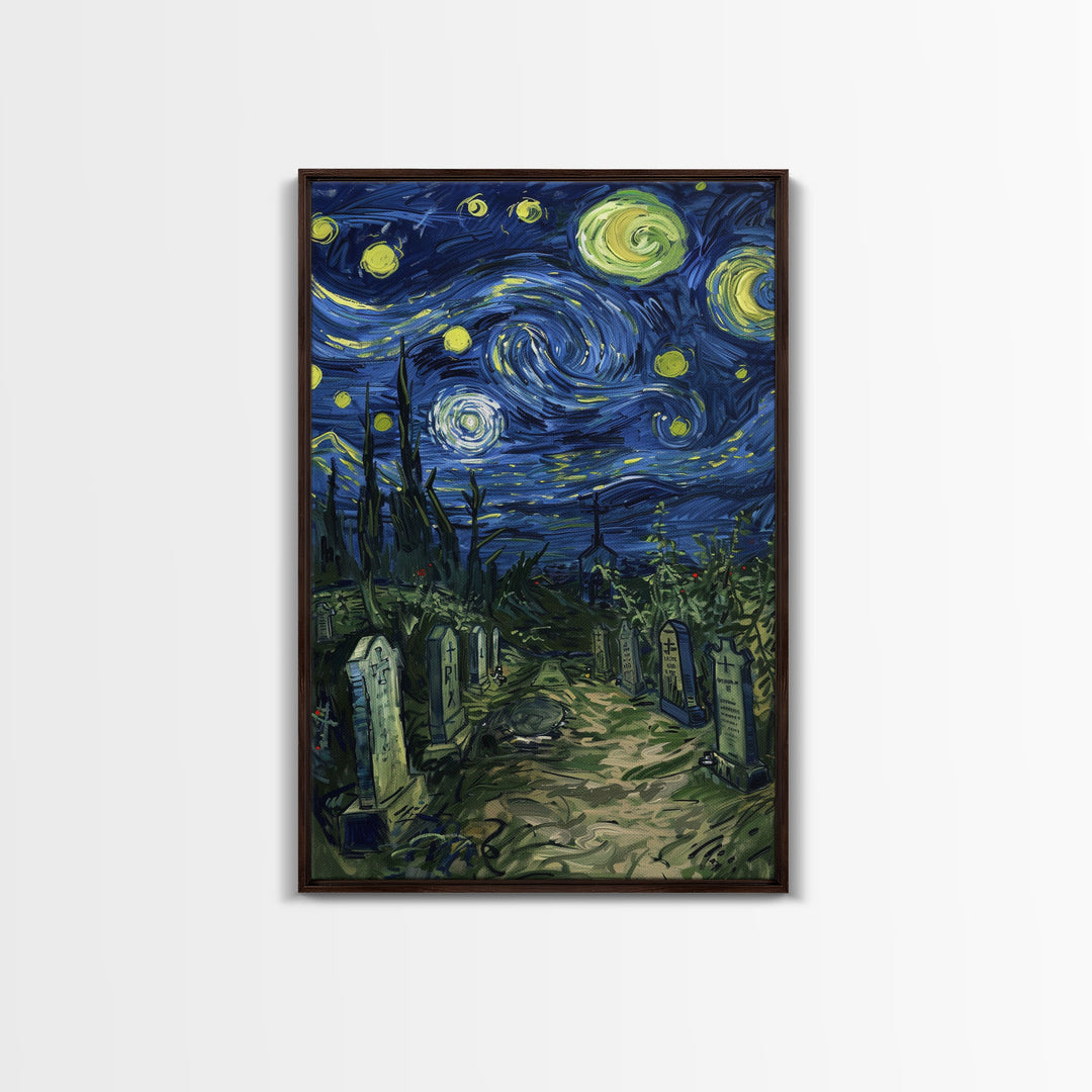 Starry Night Cemetery Framed Canvas Print, Halloween Wall Art, Gothic Art, Spooky Graveyard Decor, Van Gogh Style, Halloween Wall Decor