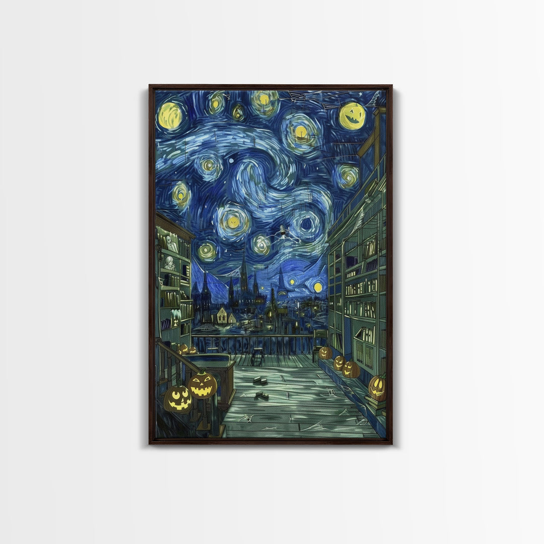 Spooky Night Train Arrival Framed Canvas Print, Halloween Wall Art, Haunted Train Artwork, Eerie Station Decor, Ghostly Home Art