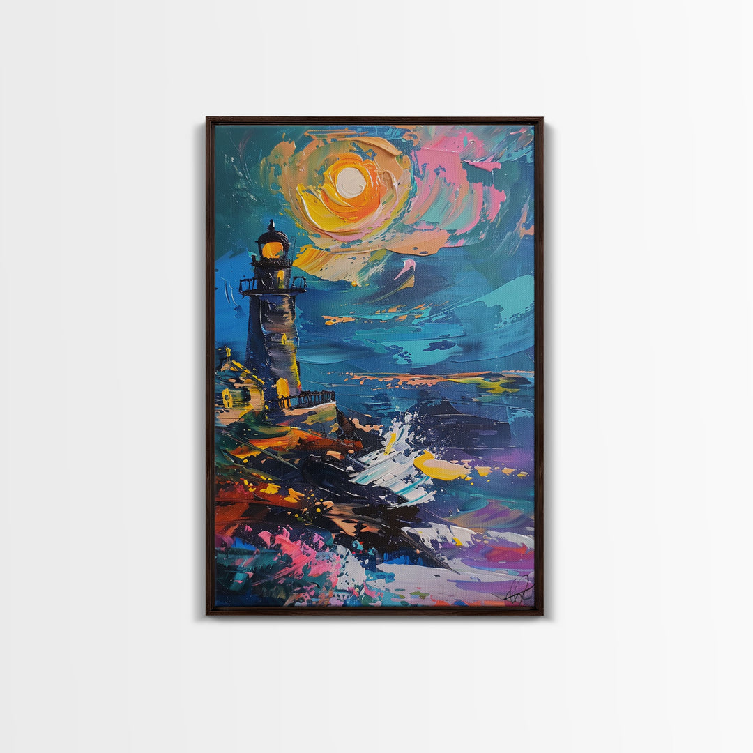 The Haunted Light House Framed Canvas Print, Impasto Style Halloween Decor, Cottage Core Halloween Art