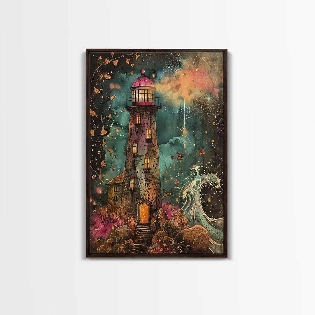 The Haunted Light House Framed Canvas Print, Retro Style Halloween Decor, Cottage Core Halloween Art