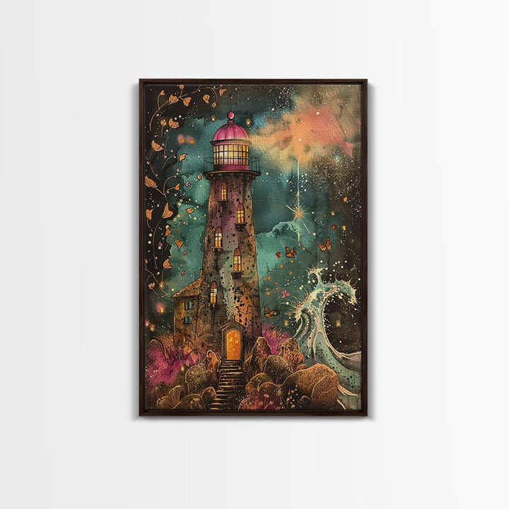 The Haunted Light House Framed Canvas Print, Retro Style Halloween Decor, Cottage Core Halloween Art