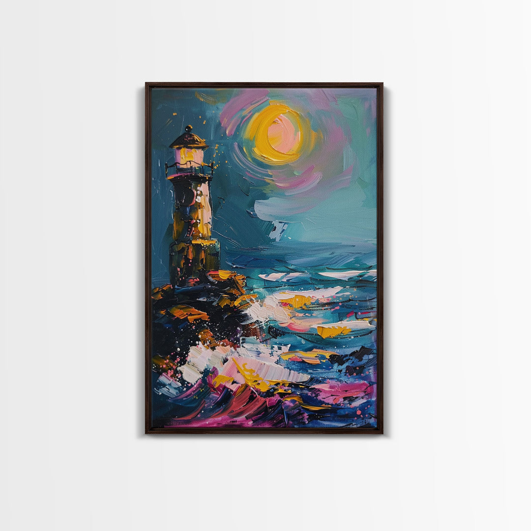 The Haunted Light House Framed Canvas Print, Retro Style Halloween Decor, Cottage Core Halloween Art