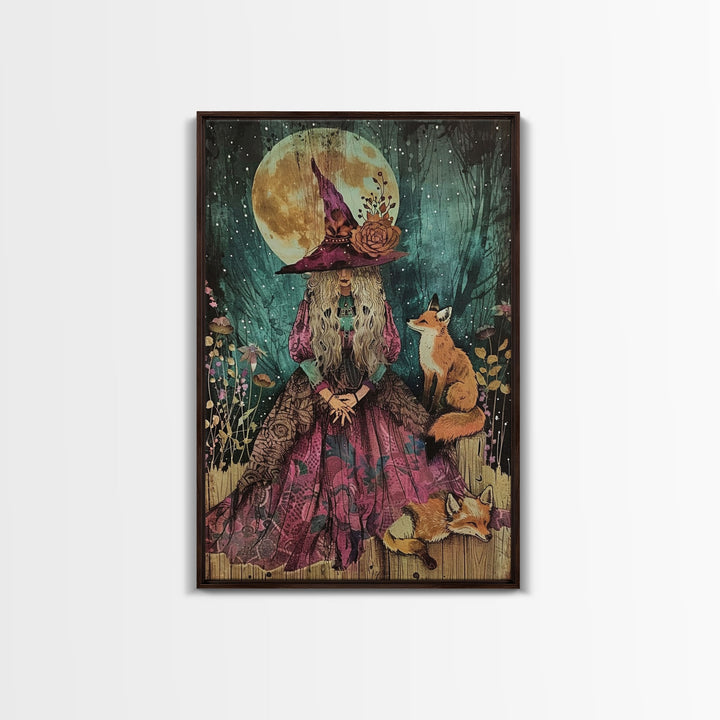 Spooky Halloween Witch Wall Art, Framed Canvas Prince, Halloween Art, Halloween Gift, Spooky Season, Cottage Core Witch and Fox Familiar