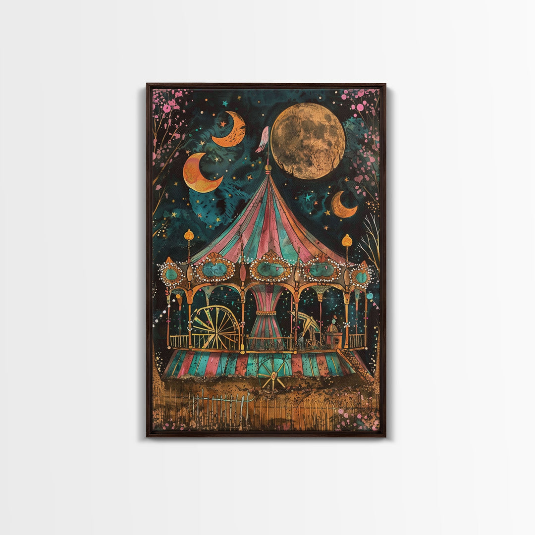 Spooky Haunted Carnival, Halloween Framed Canvas Print, Halloween Art, Springtime Cottage Core Halloween Mashup Decor