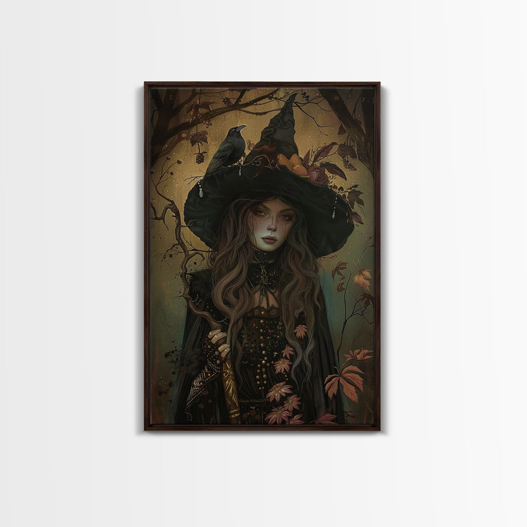 The Witch And The Raven, Framed Canvas Print, Raven Familiar, Victorian Witch Painting, Halloween Decor, Halloween Trinket, Spooky Wall Art