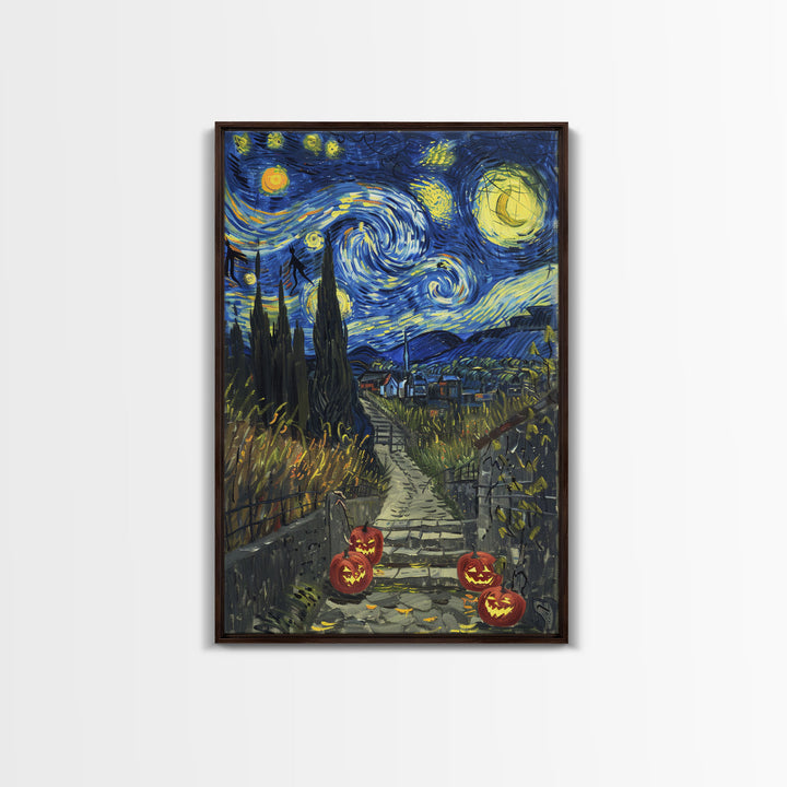 Spooky Starry Night Inspired Haunted Grave Yard Framed Canvas Print, Spooky Season Halloween Art