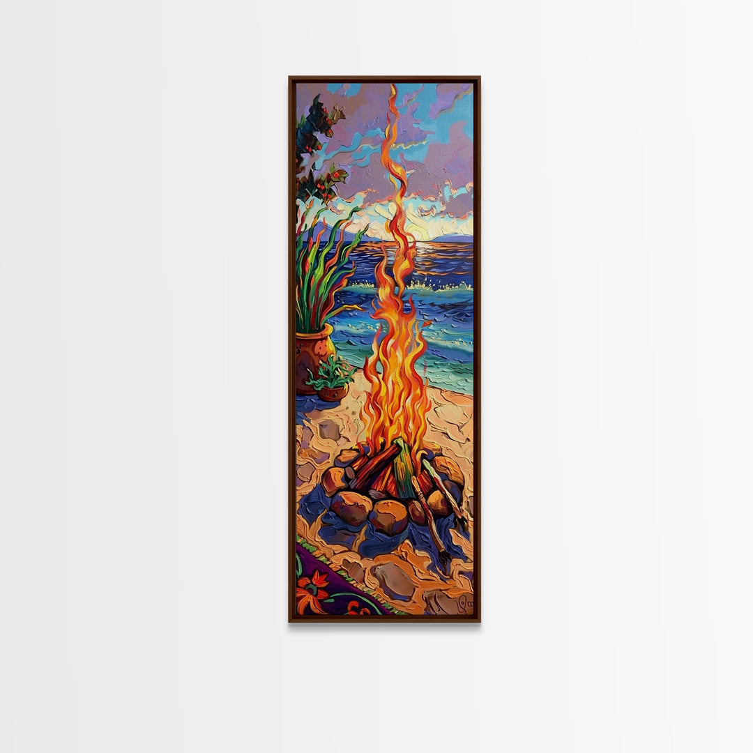 Abstract Canvas Painting of Campfire on Beach, Beachy Wall Art, Tall and Narrow Vertical Wall Art, Canvas Painting Printed and Framed