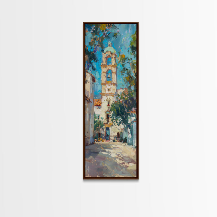 Textured Impasto Canvas Painting of Mexican Belltower, Western Wall Art for Living Room, Skinny Canvas Print for Office, Modern Wall Art