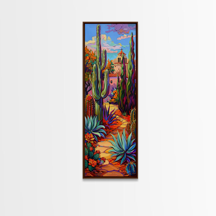 Printed Gouache Style Canvas Painting of Desert Landscape, Framed Narrow Wall Art, Mexican Landscape Art Print, Living Room Art Print