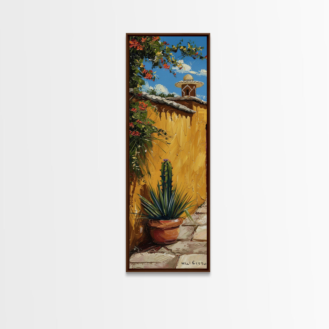 Mexican Inspired Impasto Canvas Painting Framed, Southwestern Wall Art, Tall and Narrow Wall Art, Framed Canvas Art for Living Room