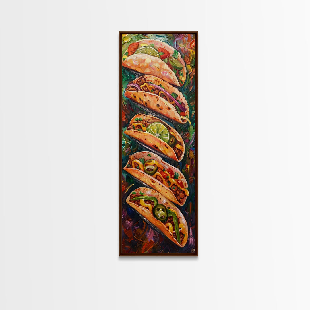 Taco Painting Framed and Printed on Canvas, Colorful Kitchen Wall Art, Mexican Inspired Food Art, Large Narrow Wall Art, Kitchen Decor