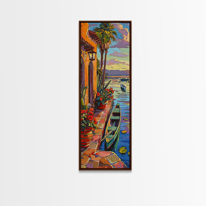 Long Narrow Vertical Wall Art Print of Beachside Landscape, Sunset Wall Art Print, Nautical Wall Art Framed on Canvas, Colorful Beach Art