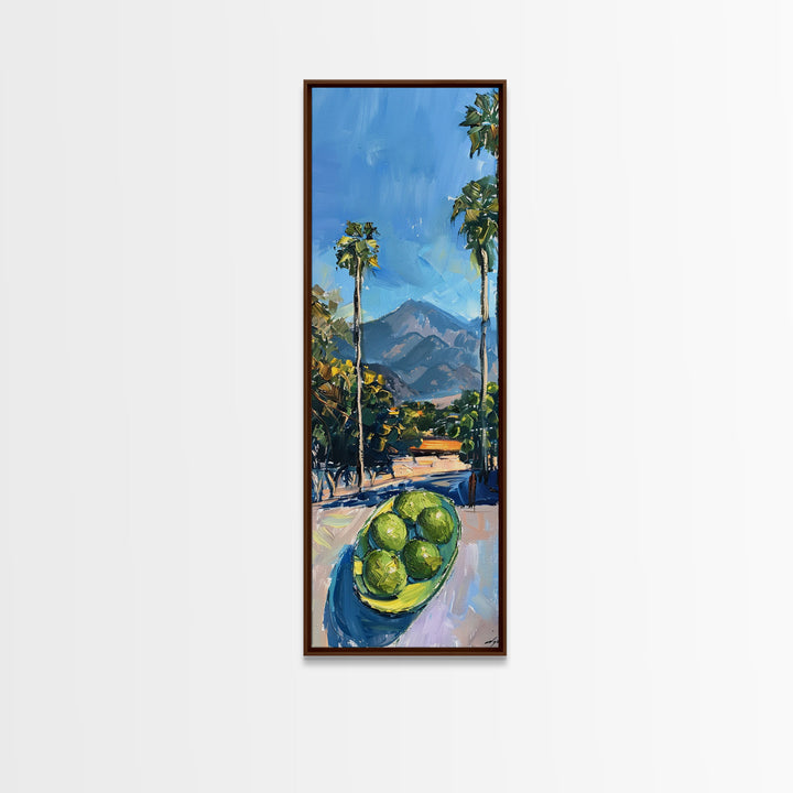 Tall and Narrow Palm Tree California Landscape Art Print Framed on Canvas, Printed Wall Art, Gouache Style Landscape Painting, Mountain Art