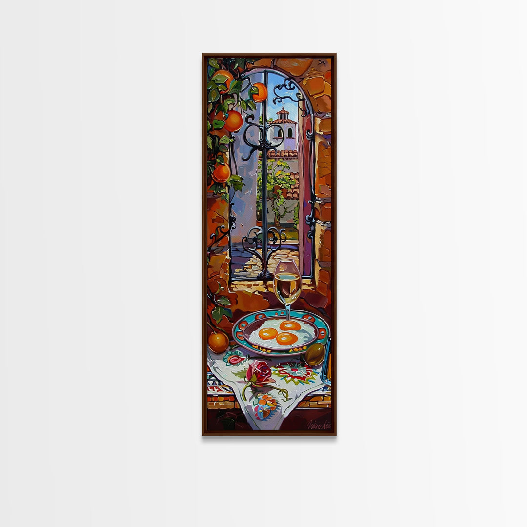 Oversized Mediterranean Style Cafe Painting Framed on Canvas, Whimsical Art, Vertical Wall Art, Spanish Style Cafe Painting, Kitchen Art