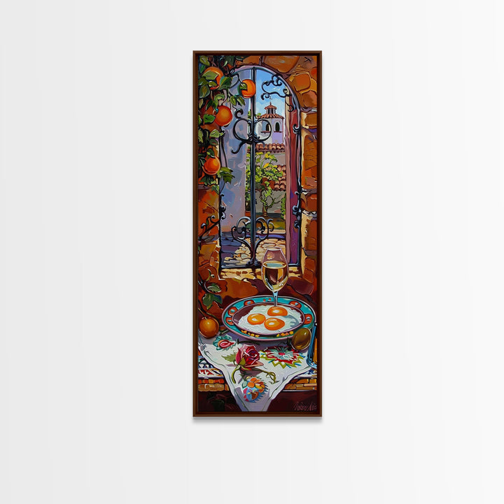 Oversized Mediterranean Style Cafe Painting Framed on Canvas, Whimsical Art, Vertical Wall Art, Spanish Style Cafe Painting, Kitchen Art